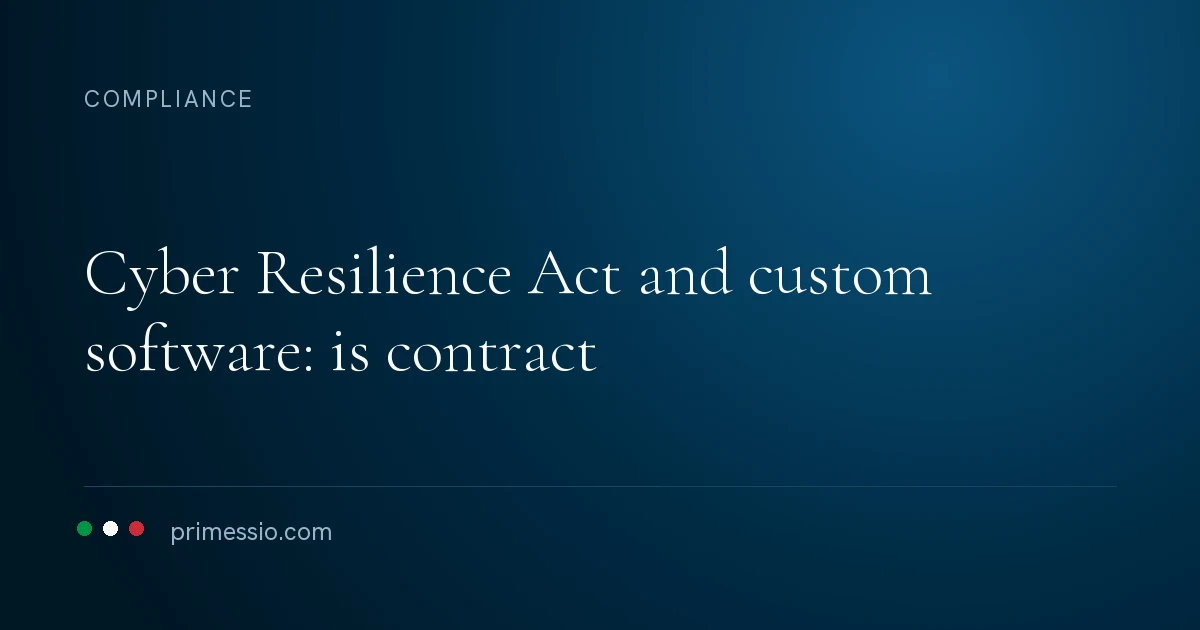 Article card on a deep navy background: cyber Resilience Act and custom software: is contract, with the Primessio signature below
