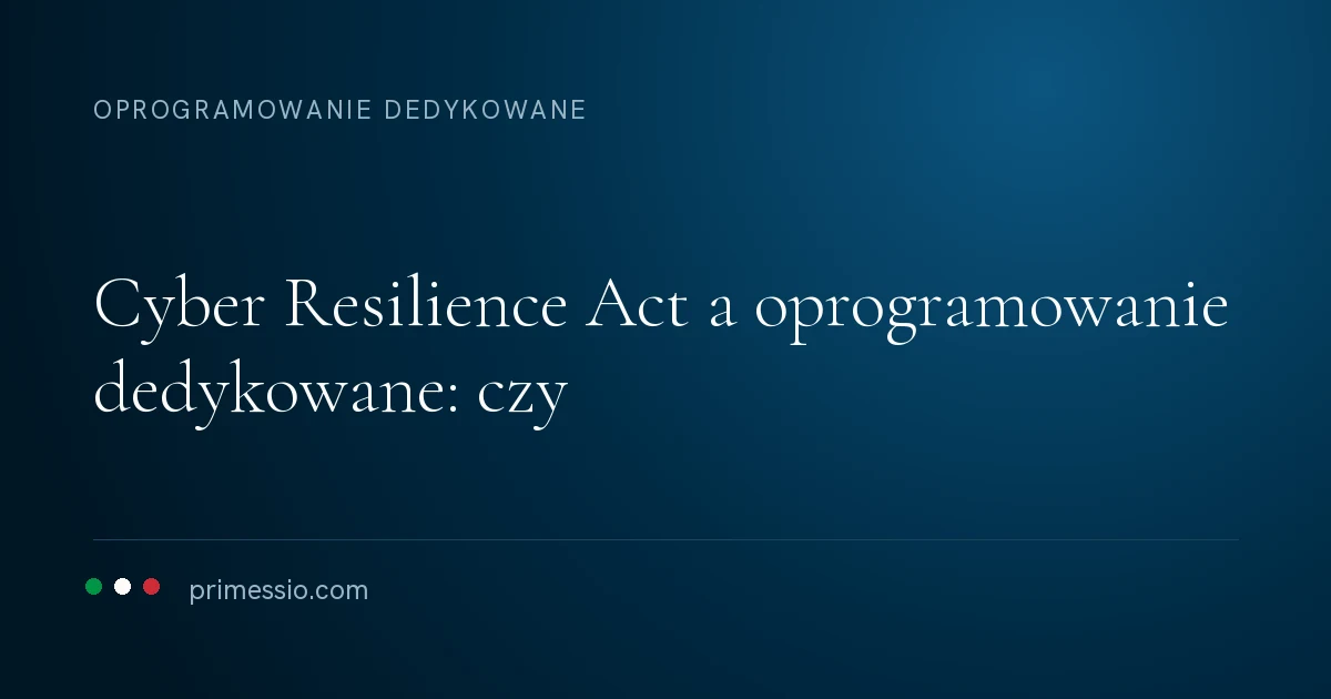 Karta artykułu na granatowym tle: cyber Resilience Act a oprogramowanie dedykowane: czy, poniżej sygnatura Primessio