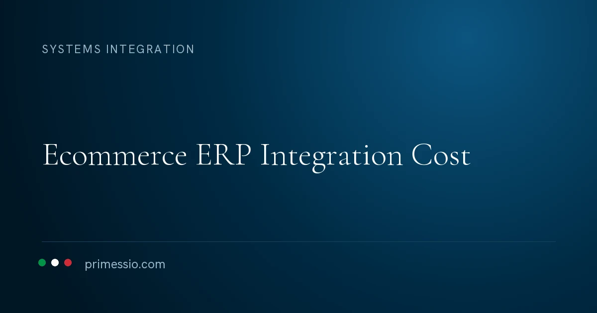 Article card on a deep navy background: ecommerce ERP integration cost, with the Primessio signature below
