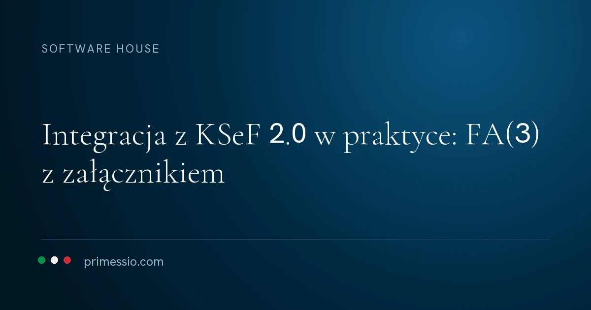 Karta artykułu na granatowym tle: integracja z KSeF 2.0 w praktyce: FA(3) z załącznikiem, poniżej sygnatura Primessio