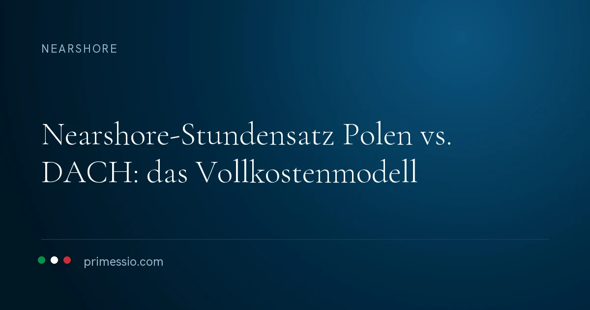 Artikelkarte auf dunkelblauem Grund: nearshore-Stundensatz Polen vs. DACH: das Vollkostenmodell, darunter die Primessio-Signatur