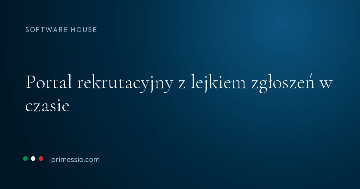 Karta artykułu na granatowym tle: portal rekrutacyjny z lejkiem zgłoszeń w czasie, poniżej sygnatura Primessio