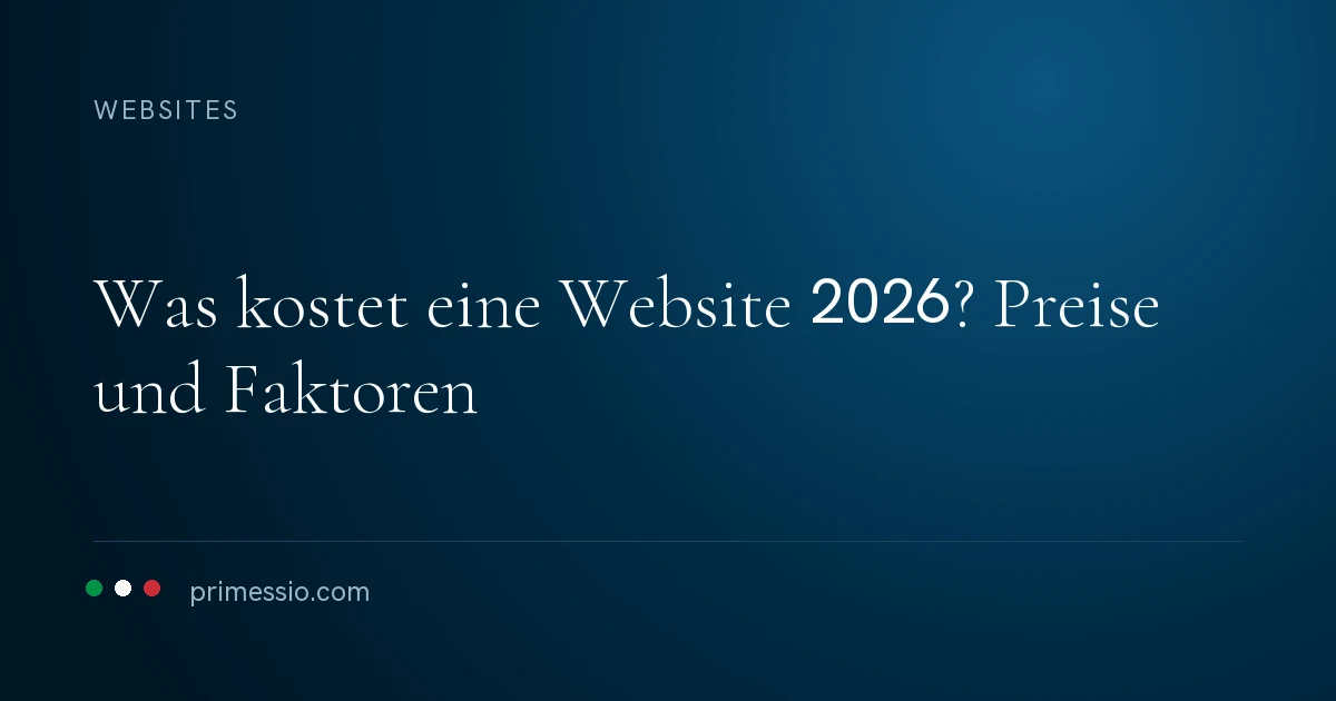 Artikelkarte auf dunkelblauem Grund: was kostet eine Website 2026? Preise und Faktoren, darunter die Primessio-Signatur