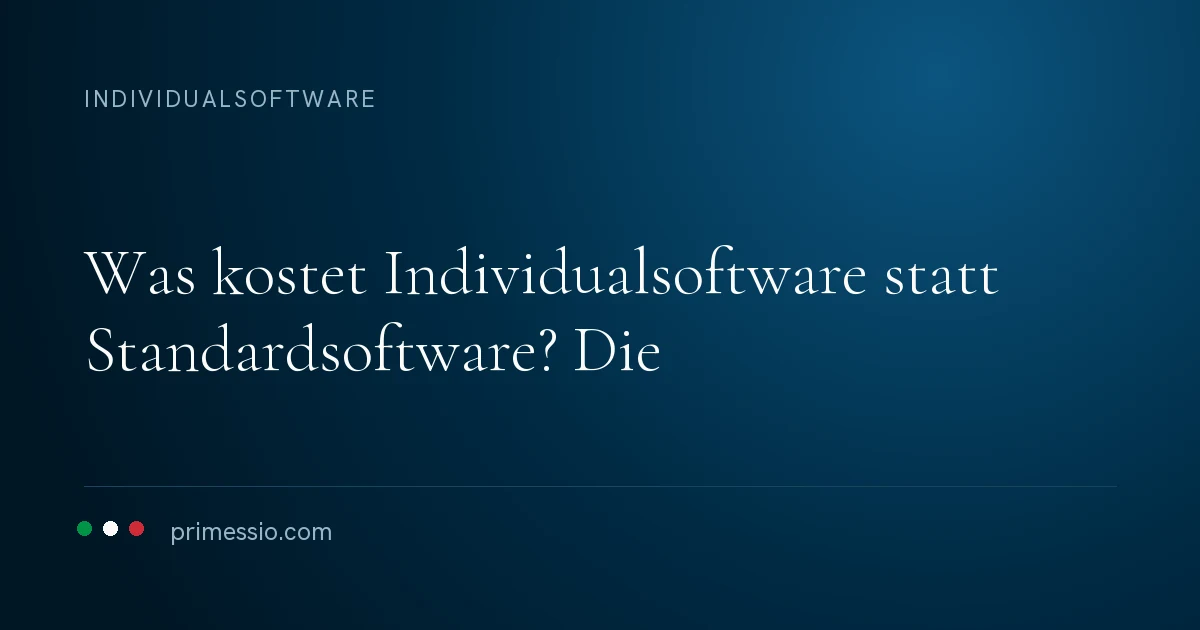 Artikelkarte auf dunkelblauem Grund: was kostet Individualsoftware statt Standardsoftware? Die, darunter die Primessio-Signatur