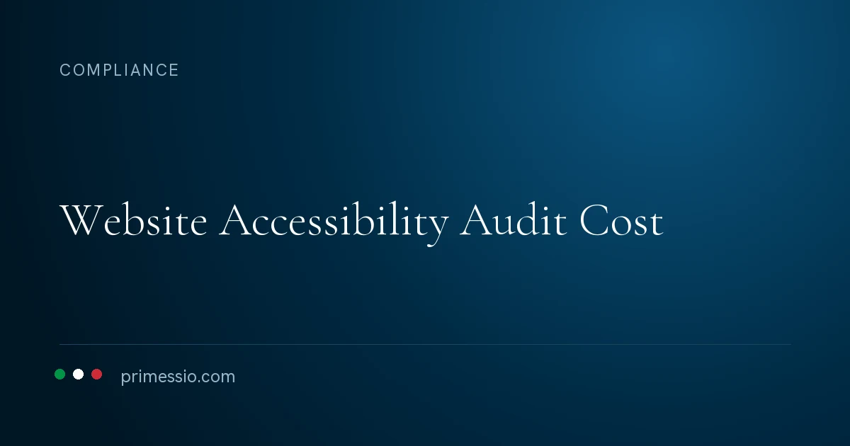 Article card on a deep navy background: website accessibility audit cost, with the Primessio signature below