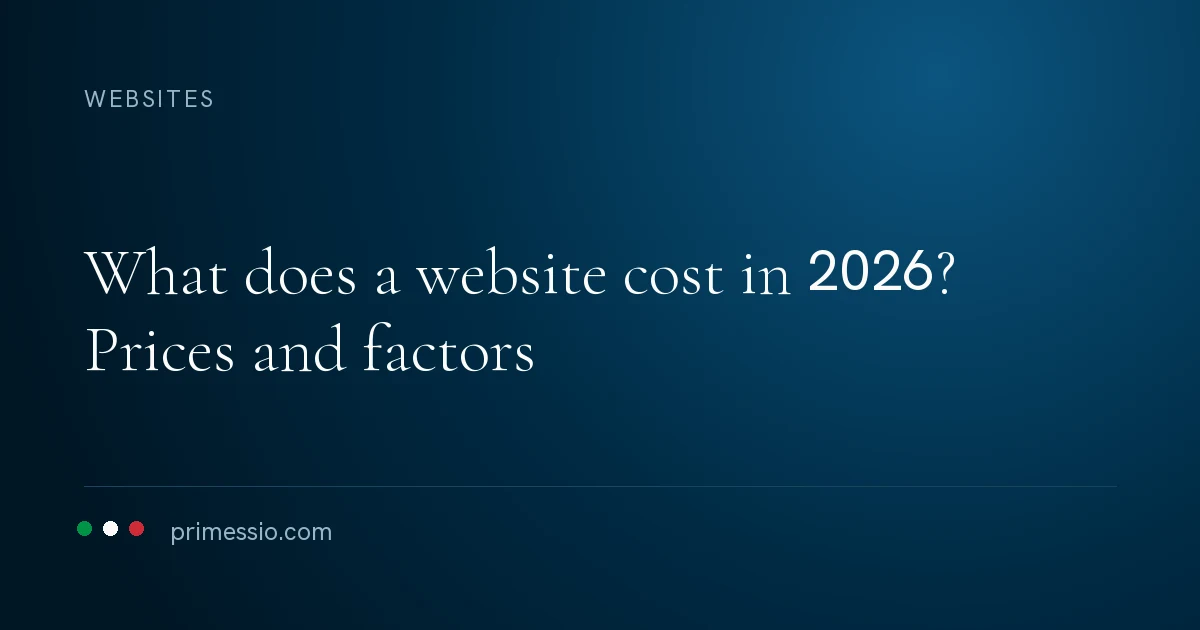 Article card on a deep navy background: what does a website cost in 2026? Prices and factors, with the Primessio signature below
