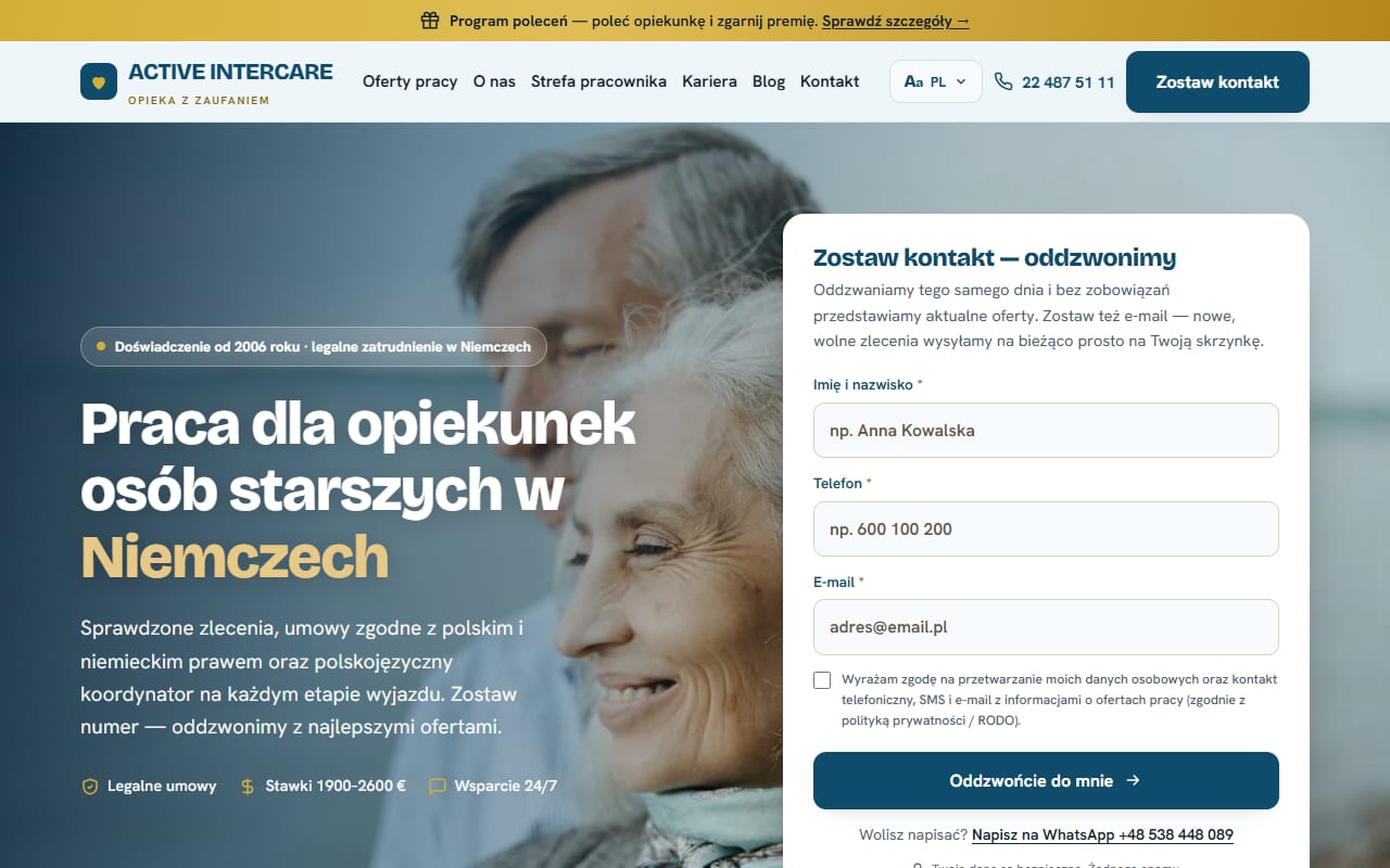 Active Intercare — Case study · Portal rekrutacyjny + SEO / AEO