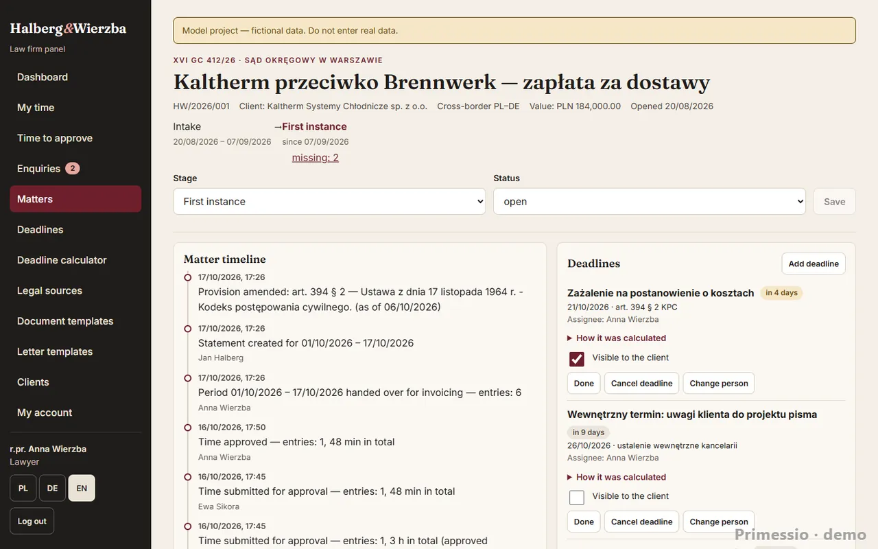 Law firm management software: matters, deadlines, billing and a client portal