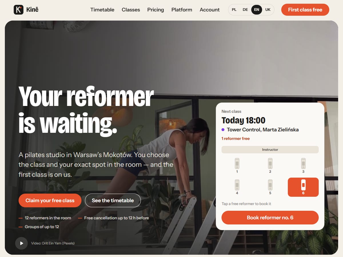 Kinē · Reformer & Pilates Studio — Concept project · Website + studio management system