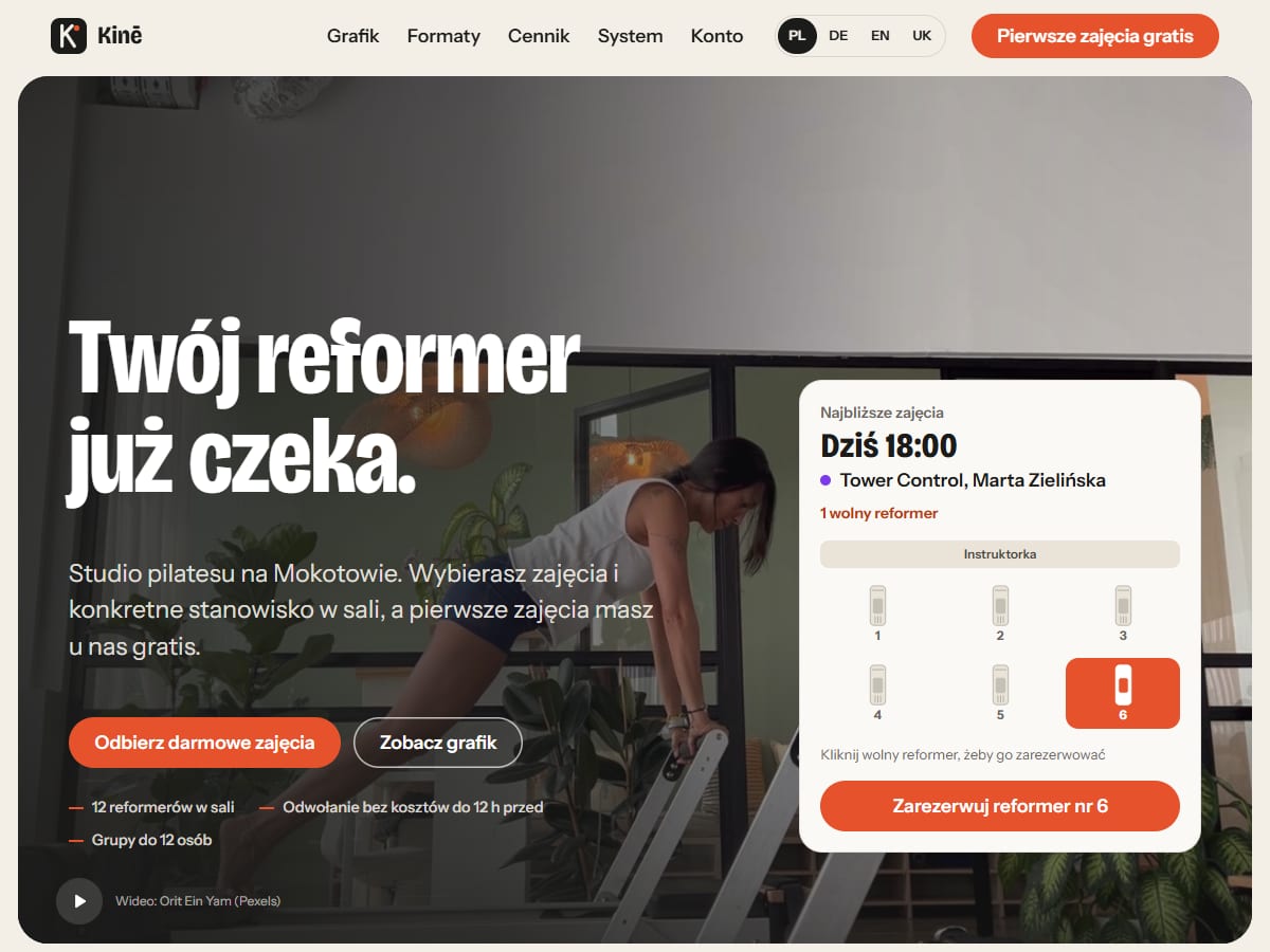 Kinē · Reformer & Pilates Studio — Projekt modelowy · Strona + system obsługi studia