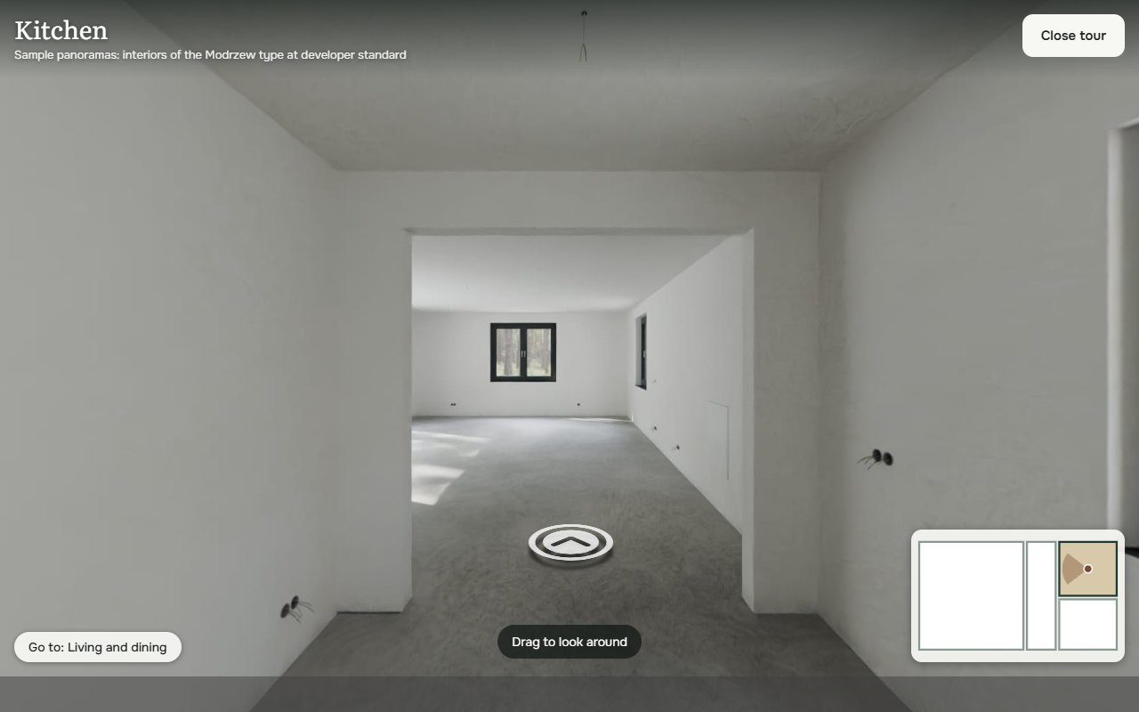 360° tour of the kitchen at developer standard looking into the living room, a button to the next room and a mini floor plan showing position and view direction
