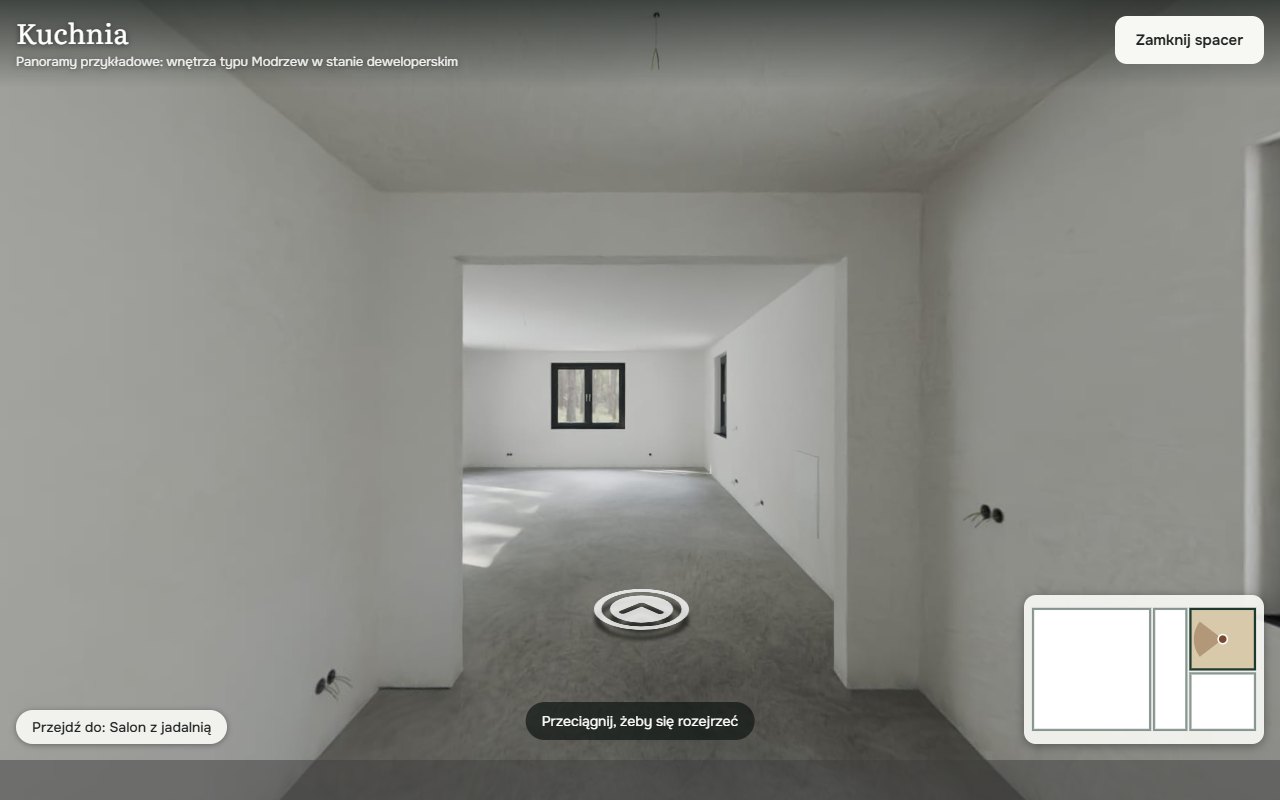 Spacer 360° po kuchni w stanie deweloperskim z widokiem na salon, przycisk przejścia do salonu i mini-rzut z zaznaczonym miejscem i kierunkiem patrzenia