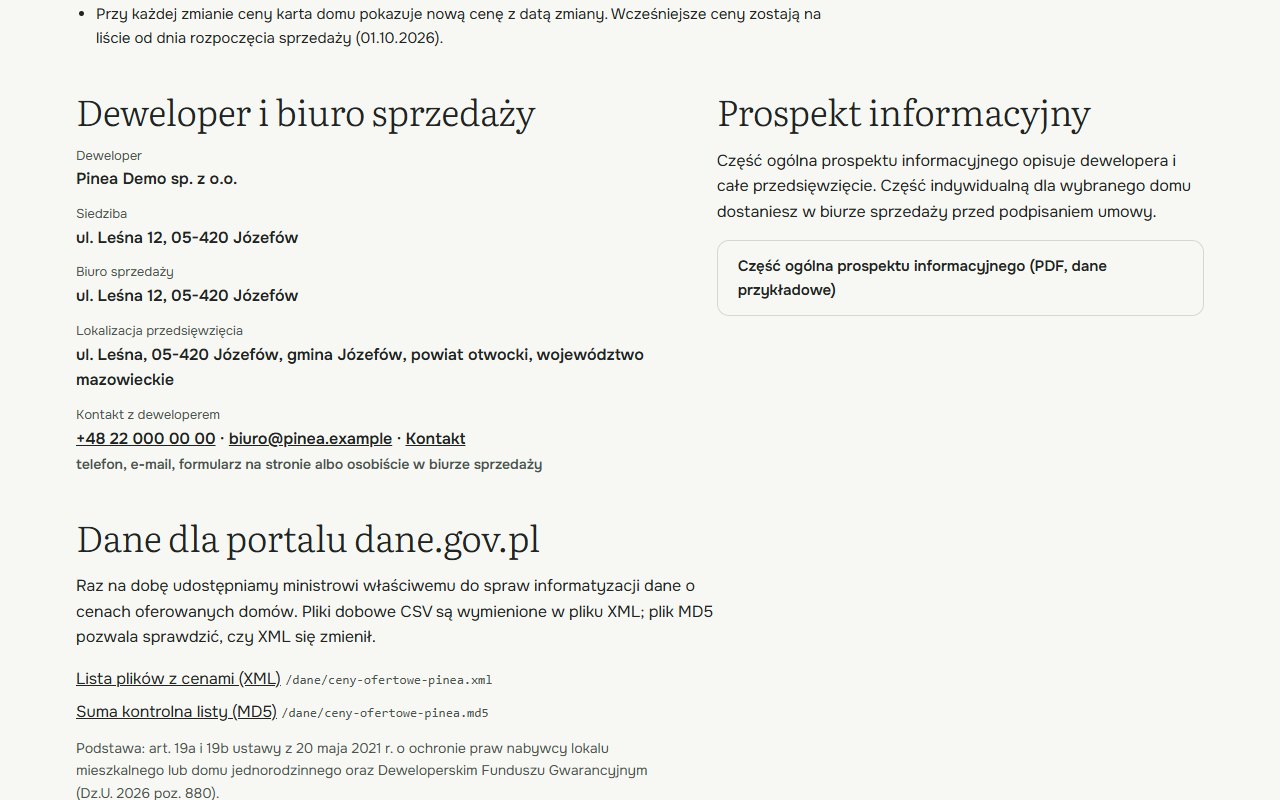 Sekcje „Deweloper i biuro sprzedaży”, „Prospekt informacyjny” i „Dane dla portalu dane.gov.pl” na stronie cen Pinea, z odnośnikami do listy plików XML i sumy MD5