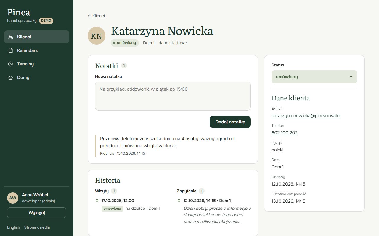 Karta klientki w panelu biura sprzedaży Pinea: status „umówiony”, notatka handlowca, historia wizyt i zapytań oraz dane kontaktowe