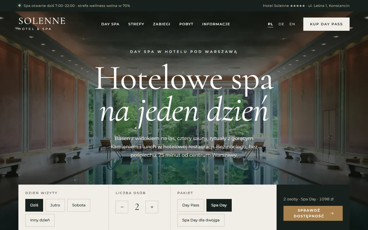 Strona hotelowego Day Spa z rezerwacją online i voucherami