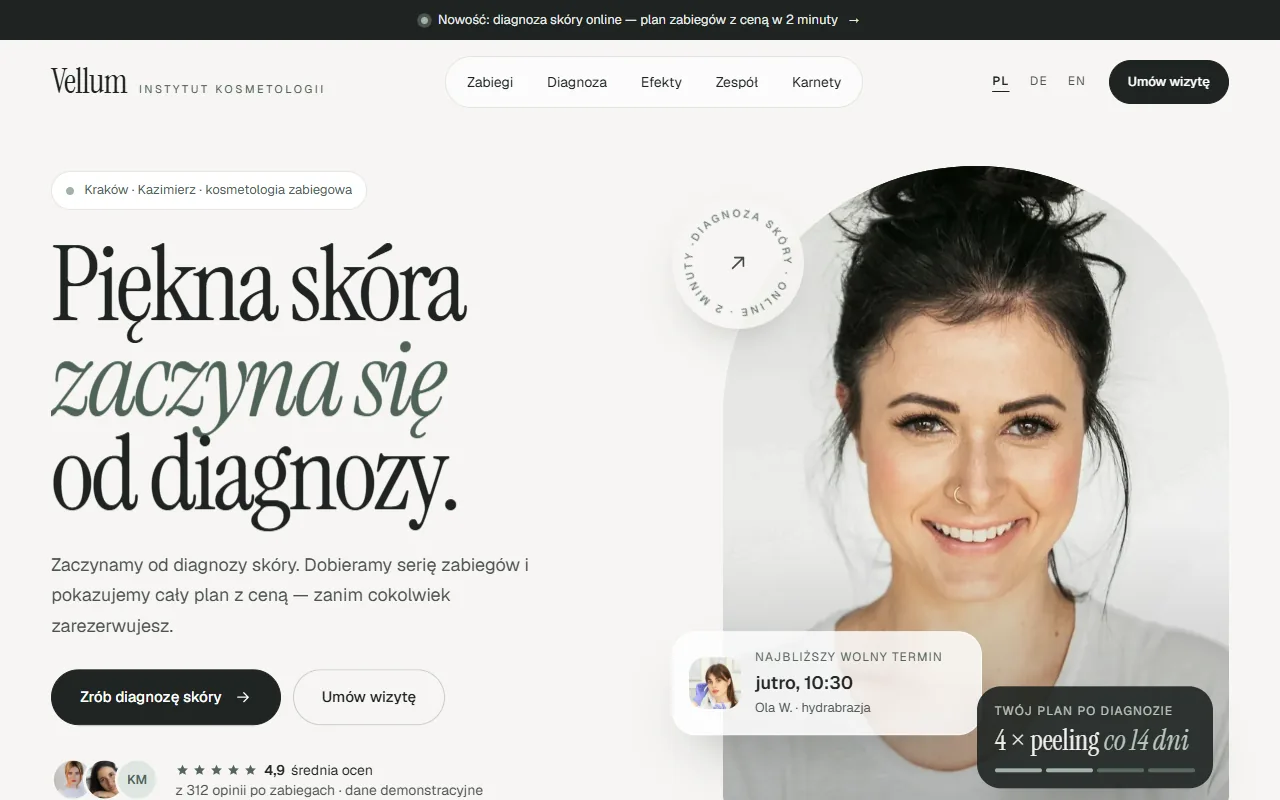 Strona kliniki kosmetologii z diagnozą skóry i rezerwacją do specjalistki