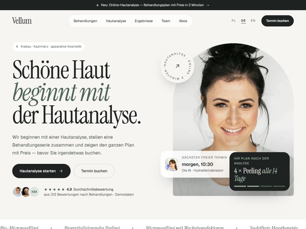 Vellum · Instytut Kosmetologii — Modellprojekt · Website mit Online-Hautanalyse