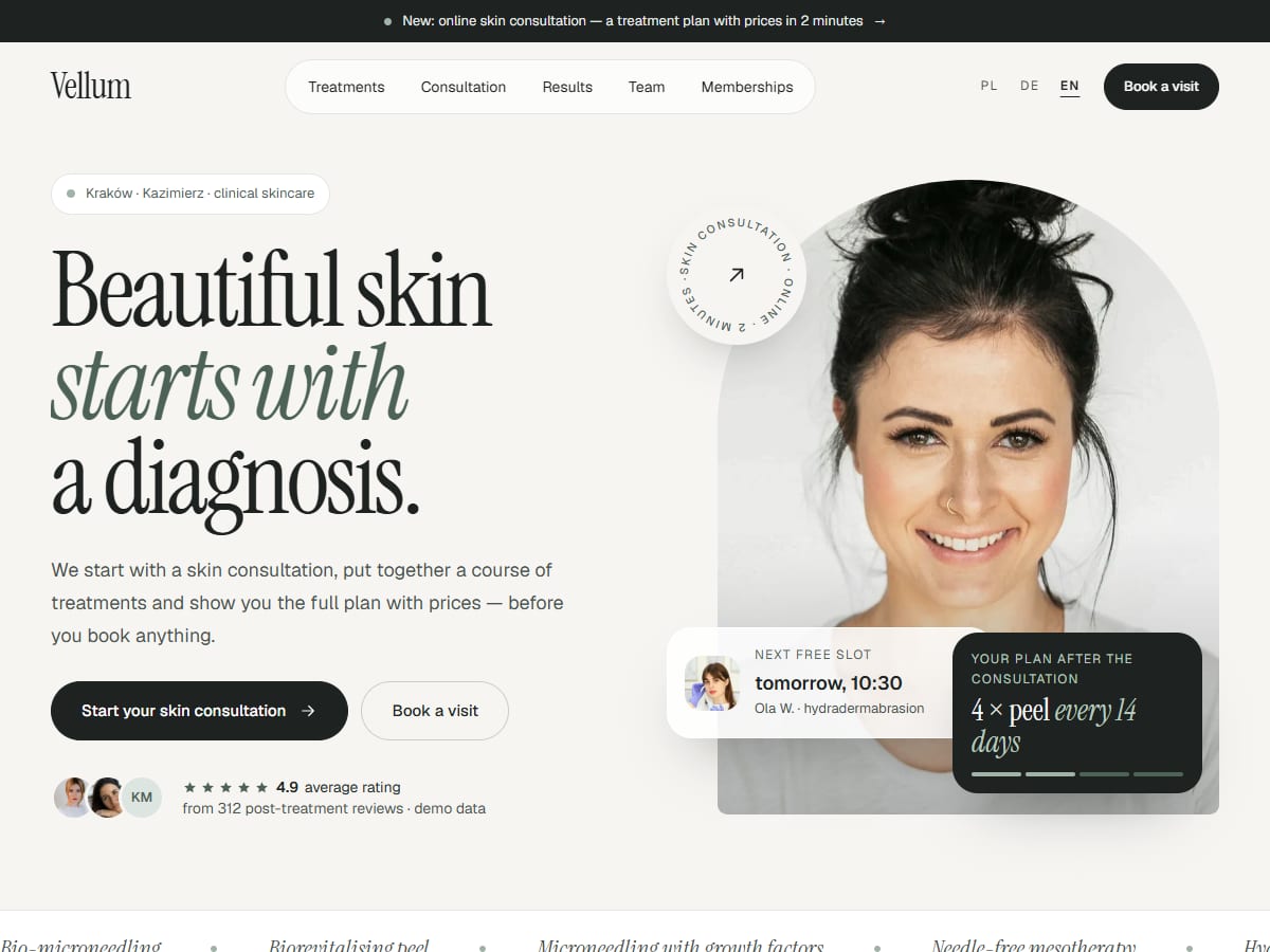 Vellum · Instytut Kosmetologii — Concept project · Website with an online skin consultation