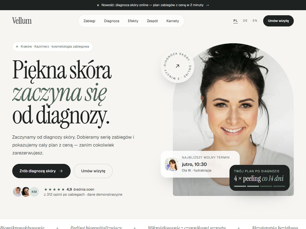 Vellum · Instytut Kosmetologii — Projekt modelowy · Strona WWW z diagnozą online